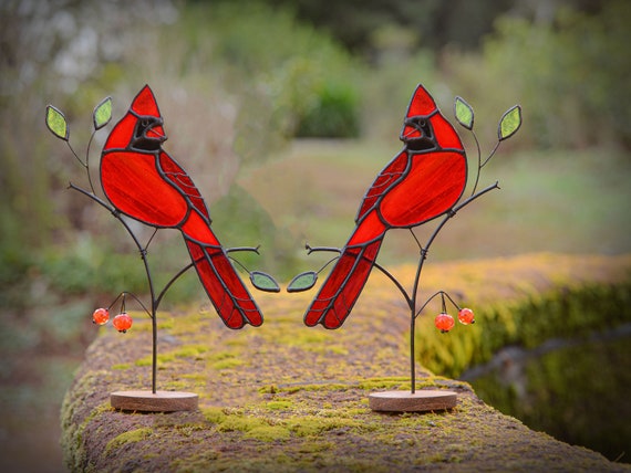 Stained Glass Pair of Cardinals With Handmade Beads on the Wooden