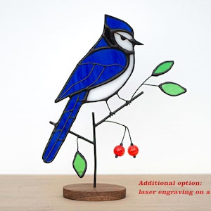 Stained glass blue jay with handmade beads  on the wooden stand Garden ornament Stained glass bird  Garden ornament