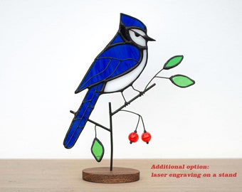Stained glass blue jay with handmade beads  on the wooden stand Garden ornament Stained glass bird  Garden ornament