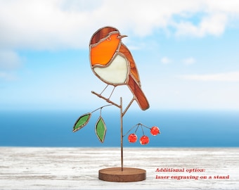 Stained glass robin with handmade beads and leaves on the wooden stand Christmas robin Home decoration Bird suncatcher.