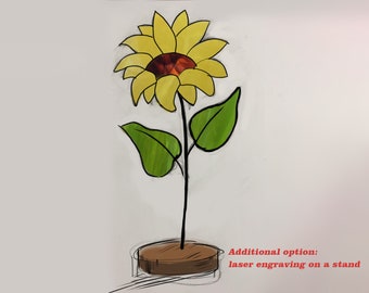 Stained glass  Sunflower on the wooden stand Stained glass  suncatcher