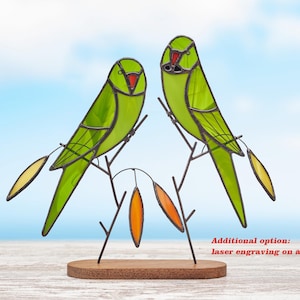 Stained glass green parrots on the wooden stand Stained glass parakeet  Home decoration   Bird suncatcher  Memorial gift .