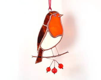 Vitrail rouge-gorge avec des perles faites main sur la branche Oiseau attrape-soleil Tentures de fenêtre Suspension de porche Rouge-gorge de Noël Ornement de jardin.