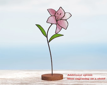 Stained glass Pink Lily on the wooden stand Stained glass  suncatcher Flower decoration Personalized gift