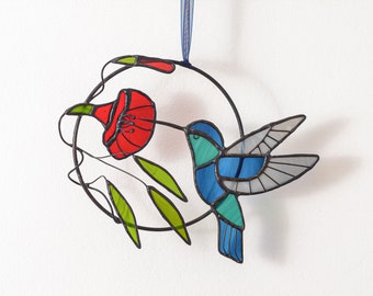 Vitrail Colibri avec une fleur dans l'anneau Vitrail Oiseau Décoration de jardin Oiseau attrape-soleil Tentures de fenêtre Suspension de porche.