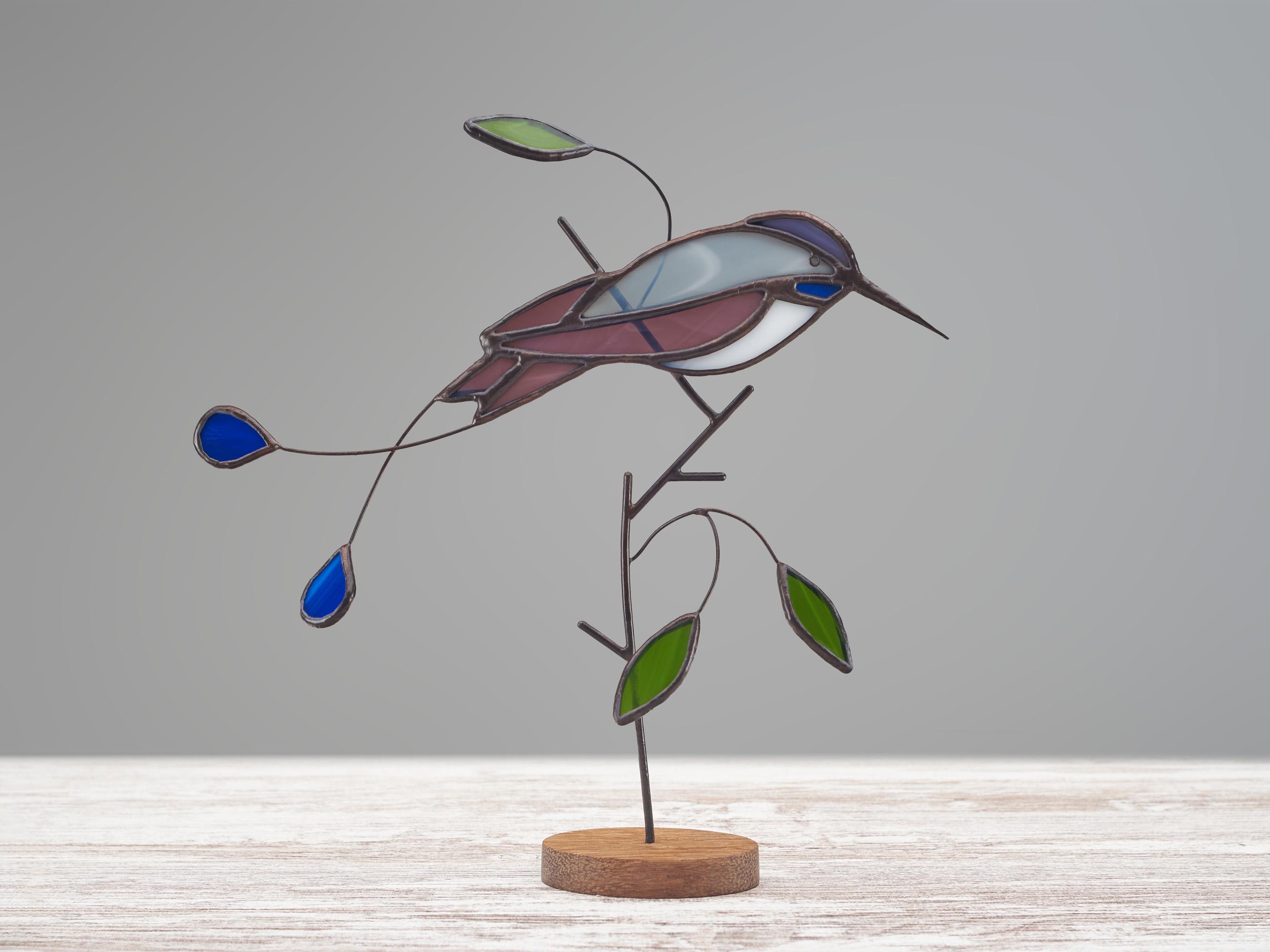 Stained Glass Marvellous Spatuletail Hummingbird on the Wooden Stand ...