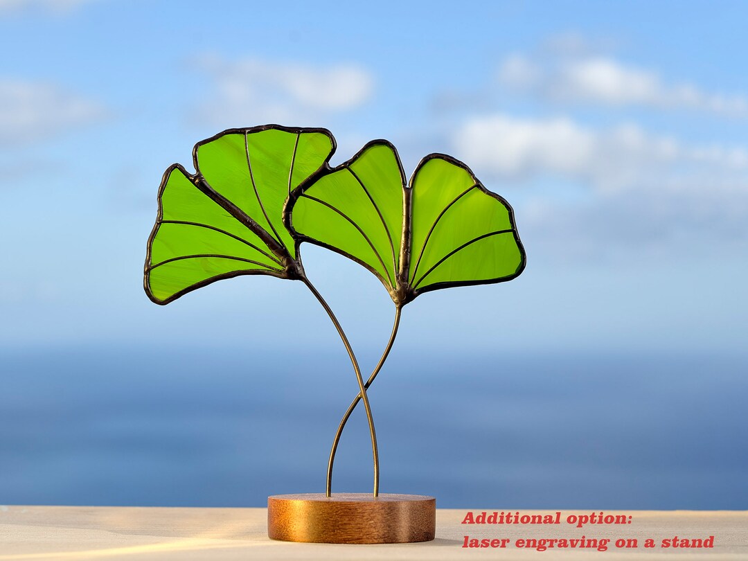 Stained Glass Green Ginkgo Leaves on the Wooden Stand Stained Glass