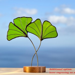 Ginkgo Leaves Stained Glass Figurine on Wooden Stand, Handmade Botanical Tabletop Decor, 6.3 Inch
