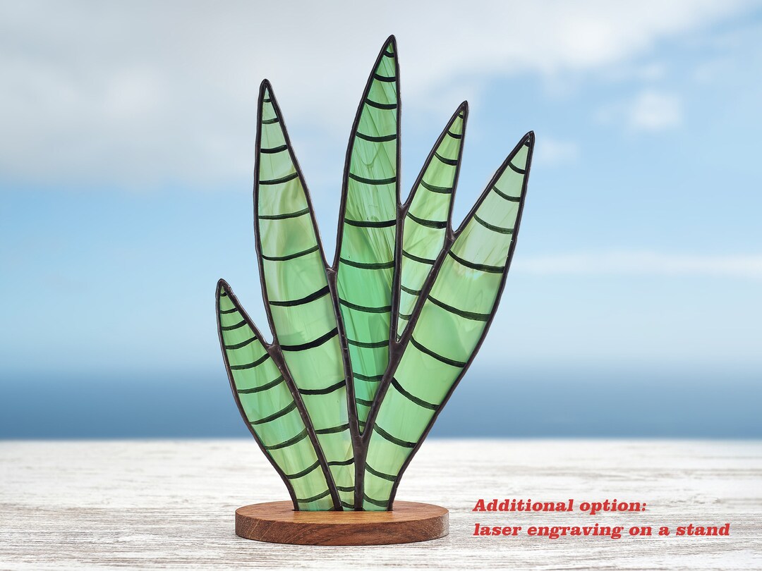 Stained Glass Succulent Agave on the Wooden Stand Stained Glass