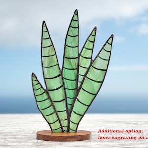 Stained glass  Succulent Agave on the wooden stand Stained glass  suncatcher   Hand painted stained-glass Stained glass plant
