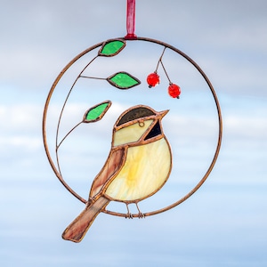 Chickadee stained glass bird in the ring Bird suncatcher  Window hangings  Porch hanging Mother’s Day gift Garden decor.