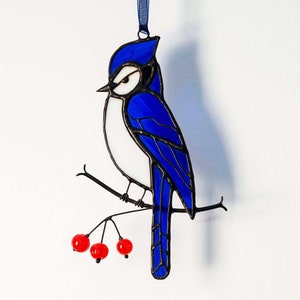 Stained glass blue jay with handmade beads on the branch Stained glass bird suncatcher Window hanging  Father&#39;s day gift!.