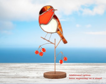 Stained glass robin with handmade beads on the wooden stand Christmas robin Home decoration Bird suncatcher