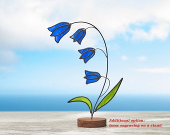 Bluebells Stained Glass Figurine, Deep Blue Flower Tabletop Decor, Sucupira Wood Stand