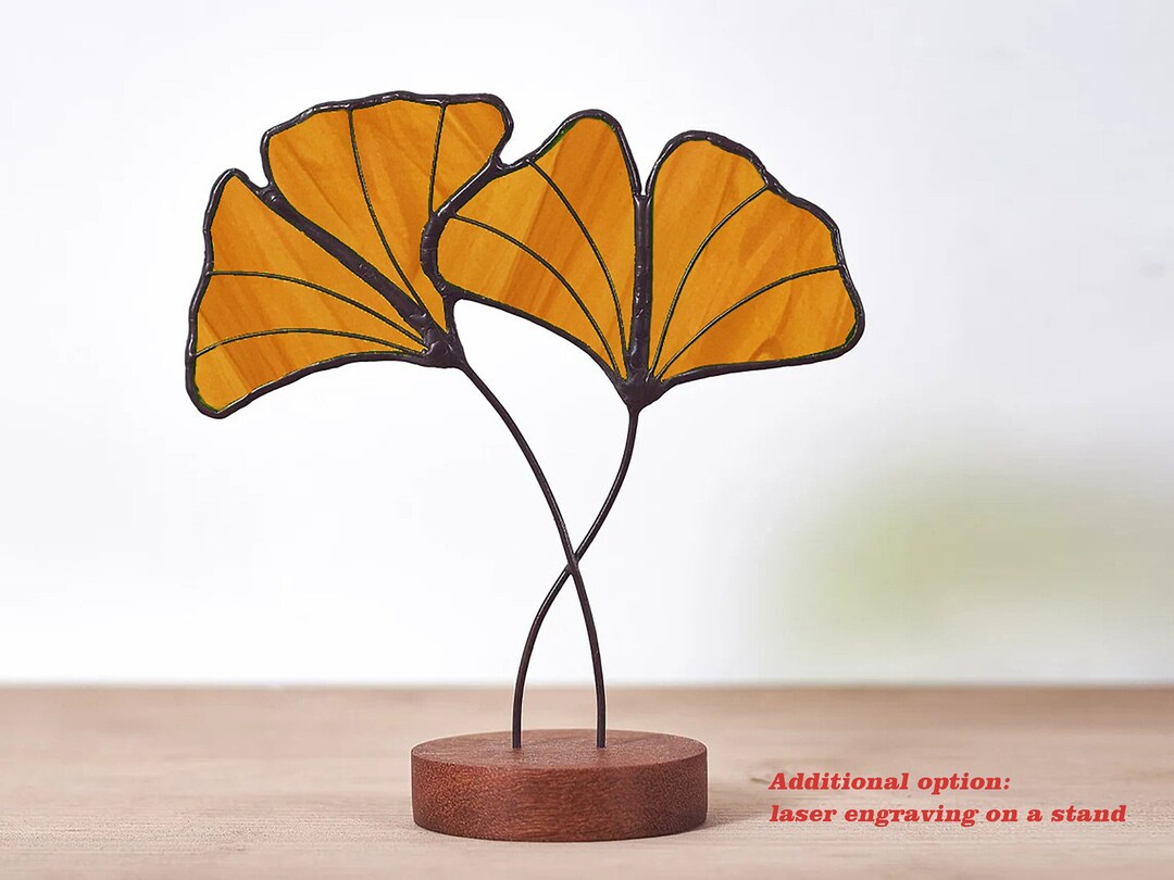 Stained Glass Brown Ginkgo Leaves on the Wooden Stand Stained Glass