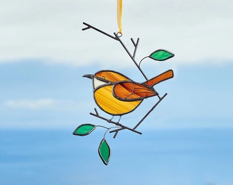 Stained glass Carolina wren on the branch Window hanging Stained glass bird Home and garden decor.