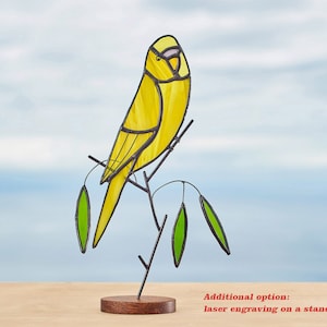 Stained glass budgie parrot on the wooden stand Stained glass parakeet  Home decoration   Bird suncatcher  Memorial gift .