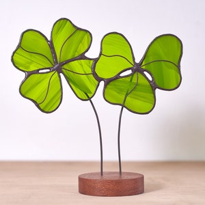 Stained glass Clover leaves on the wooden stand St Patrick's Day gift Stained glass suncatcher Window decoration Symbol of good luck Without engraving