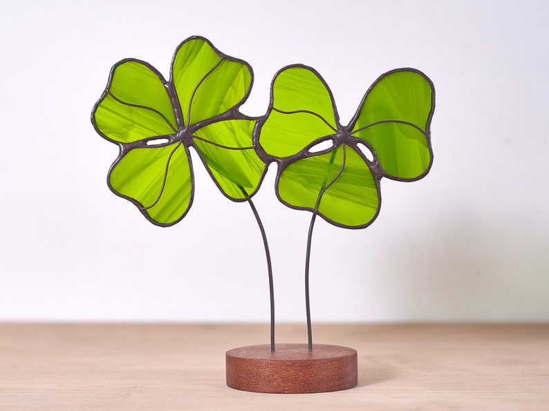 Stained glass Clover leaves on the wooden stand St Patrick's Day gift Stained glass suncatcher Window decoration Symbol of good luck Without engraving