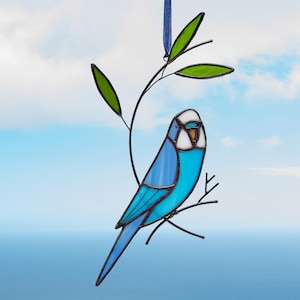 Stained glass blue budgie parrot on the branch Stained glass parakeet Stained glass garden decoration Bird suncatcher Porch hanging.