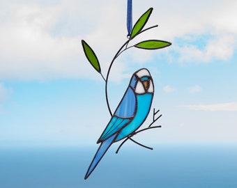 Stained glass blue budgie parrot on the branch Stained glass parakeet Stained glass garden decoration Bird suncatcher Porch hanging.