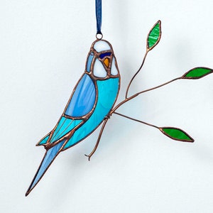 Stained glass blue budgie parrot on the branch Stained glass parakeet Stained glass garden decoration Bird suncatcher Porch hanging.