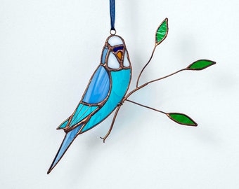 Stained glass blue budgie parrot on the branch Stained glass parakeet Stained glass garden decoration Bird suncatcher Porch hanging.