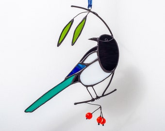 Stained glass  magpie with handmade beads  on the branch Suncatcher Custom stained glass window hangings Bird lover gift  Garden ornament .