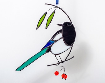 Stained glass  magpie with handmade beads  on the branch Suncatcher Custom stained glass window hangings Bird lover gift  Garden ornament .