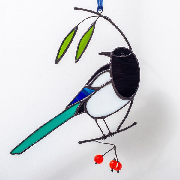 Stained glass  magpie with handmade beads  on the branch Suncatcher Custom stained glass window hangings Bird lover gift  Garden ornament .