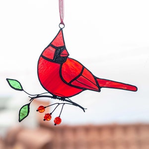 Stained glass cardinal with handmade beads on the branch Christmas gift Stained glass bird Porch decoration Bird suncatcher.