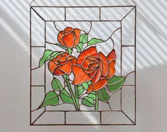 Stained glass window panel rose Window hanging Stained glass  suncatcher Flower decoration Gift for mom.