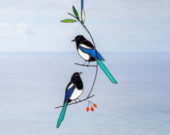 Stained glass  magpies with handmade beads  on the branch Suncatcher Custom stained glass window hangings Bird lover gift  Garden ornament .