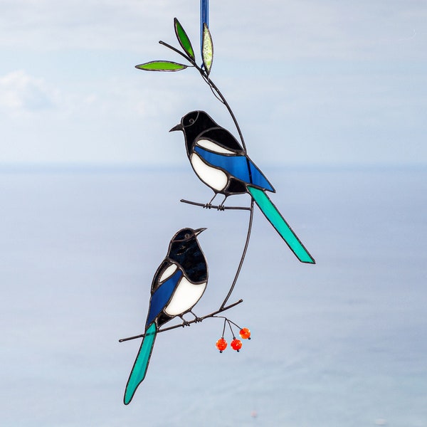 Stained glass  magpies with handmade beads  on the branch Suncatcher Custom stained glass window hangings Bird lover gift  Garden ornament .