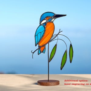 Stained glass kingfisher on the wooden stand  Stained glass bird  Garden ornament Bird suncatcher Porch decoration Bird ornament