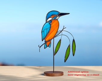 Stained glass kingfisher on the wooden stand  Stained glass bird  Garden ornament Bird suncatcher Porch decoration Bird ornament