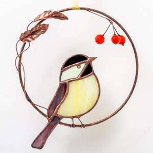 Chickadee stained glass bird in the ring Bird suncatcher  Window hangings  Porch hanging Mothers Day gift Garden decor.