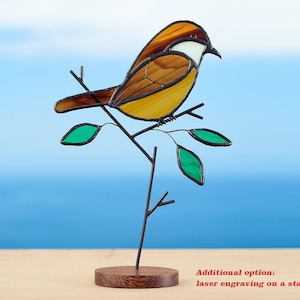 Stained glass Carolina wren on the wooden stand Stained glass bird Home and garden decor.
