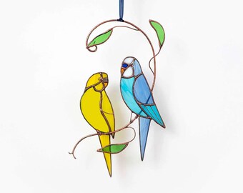 Stained glass  parrots on the branch  Stained glass garden decoration    Stained glass budgie parrot