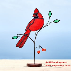 Stained glass cardinal with handmade beads on the wooden stand  Memorial gift Porch decoration Stained glass bird Bird suncatcher.