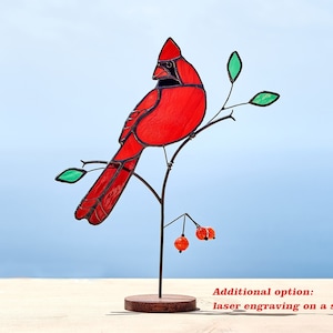 Stained glass cardinal with handmade beads on the wooden stand  Memorial gift Porch decoration Stained glass bird Bird suncatcher.