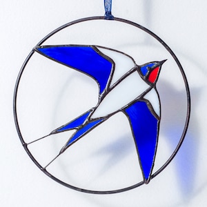 Stained glass swallow  in the ring Window hanging Suncatcher Stained glass bird