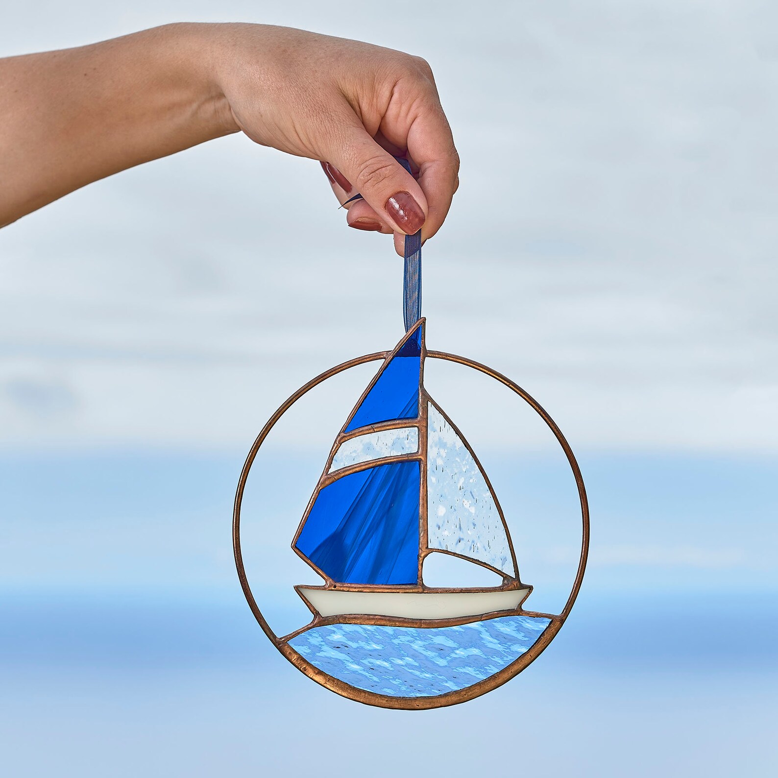 Stained Glass Sailboat in the Ring Sailboat Suncatcher Home Etsy