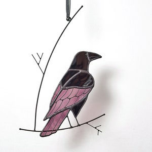 Stained glass raven on the branch Crow stained glass suncatcher Window hanging Garden decoration Bird suncatcher Gothic window. Purple