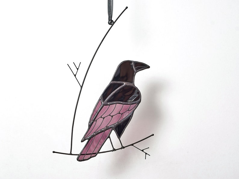 Stained glass raven on the branch Crow stained glass suncatcher Window hanging Garden decoration Bird suncatcher Gothic window. Purple