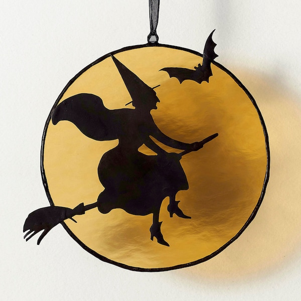 Stained glass witch on the broom Witch silhouette on  the stained glass moon   Halloween stained glas Gothic windows Halloween suncatcher.