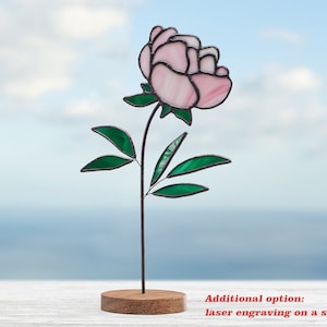Stained glass Pink Peony on the wooden stand Stained glass  suncatcher Flower decoration Personalized gift