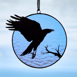 Raven silhouette on  the stained glass moon  Halloween suncatcher Window hanging   Gothic window Halloween stained glass.