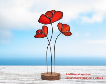 Stained glass Red poppies on the wooden stand Stained glass  suncatcher Window decoration