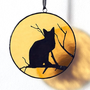 Halloween schwarze Katze Silhouette auf dem Glasmalerei Mond Halloween Suncatcher Fensterbild Gothic Fenster Halloween Glasmalerei.